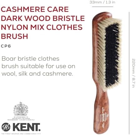 Kent CP6 Clothes Brush. 100% Natural Black & White Boar Bristle Lint Remover Especially for Cashmere, Wool and Silk for Keeping Delicate Fabrics Free from Fibres, Fluff and Pet Hair. Made in England