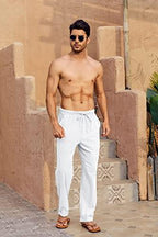 Gafeng Mens Linen Pants Yoga Beach Loose Fit Casual Elastic Waist Drawstring Summer Harem Baggy Trousers with Pockets
