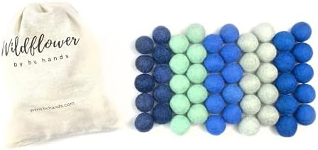 Wildflower by hu hands Blue Wool Felt Balls | 50 Pom Poms Hand Felted in Nepal for Crafts, Garland, Felting, Decor | .8-1 Inch Pompoms | Muslin Bag Included