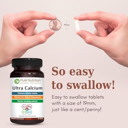 Pure Nutrition Ultra Calcium 1000mg with VIT D3 + K2 | 90 Tab | Calcium Supplement with Calcium Citrate Malate, VIT D3, K2, Moringa Oleifera, Magnesium and Zinc.