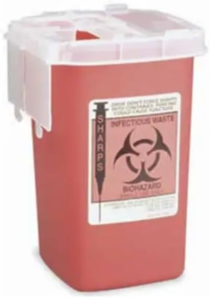 Kendall Sharps Container 1 Quart, Red Biohazard Needle Disposal Container, Portable Phlebotomy Sharps Box with Locking Lid & Clear Top for Fill Monitoring, Puncture-Resistant, Medical Waste Bin