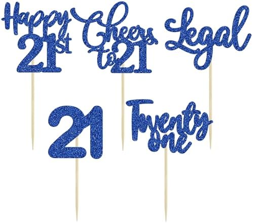 30 Pack Happy 21st Birthday Cupcake Toppers Dark Blue Glitter 21 Fabulous Cheers to 21 Years Old Birthday Cupcake Picks for Happy 21st Wedding Anniversary Party Cake Decorations