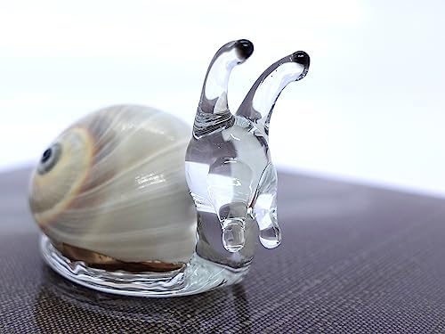 Rare Snail Hand Blown Glass Art W/Natural Seashell Conch Tiny Miniature Figurines Beach Animals Collectible Gift Home Décor (Beige)