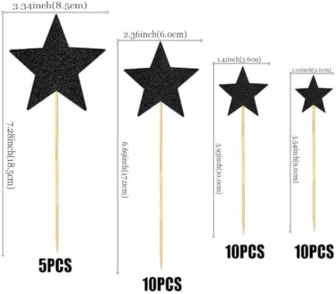 35 PCS Black Stars Cupcake Toppers Glitter Assembled Twinkle Star Cupcake Picks Bridal Shower Birthday Party Decorations for Wedding Engagement Birthday Party Cake Decorations Supplies Mixed Size Star