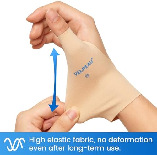 VELPEAU Elastic Thumb Wrist Support Brace (Pack of 2), Splashproof Compression Sleeve for Arthritis Pain, Tendonitis, Sprains, Sports, Splint Liner, Fits Left & Right Hands (Long Version - Khaki, Medium)