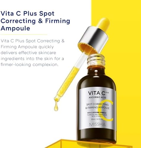 MISSHA Vita C Plus Spot Correcting & Firming Ampoule, Vitamin C Serum, Korean Serum for Face, Korean Skin Care For Aging Dull skin, Dark spots, 1.01 Fl oz/30ml