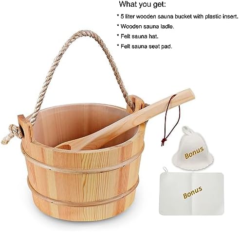 Sauna Bucket with Ladle Handmade Wooden Sauna Bucket Sauna Spa Accessory - 5 Liter (1.3 Gallon) Sauna Bucket with Felt Sauna Hat and Sauna Seat Pad