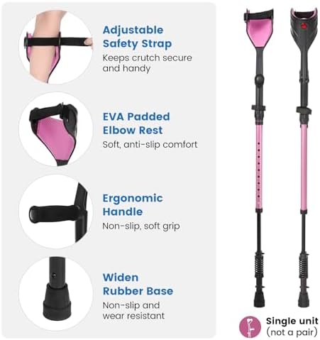 Ergonomic Forearm Crutches Spring Assist Crutches for Adults,Comfortable and Height Adjustable Arm Crutches Forearm with Anti-Slip Base,Walking Crutches with Cuffs, Not a Pair (Pink)