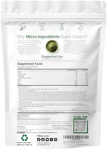 Micro Ingredients Super Greens Powder, 1lb | 100 Superfood Blend with Daily Greens, Probiotics, Fruits, Vegetables & Mushrooms | Source of Vegan Protein & Enzymes | Non-GMO, Gluten-Free, No Additives