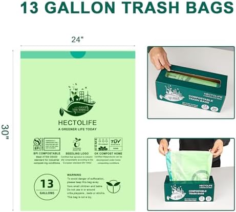 13 Gallon,100 Count, Compostable Trash Bags with Drawstring,Tear Resistant Kitchen Food Scrap Waste Bag, ASTM D6400, US BPI and Europe OK Compost Home Certified