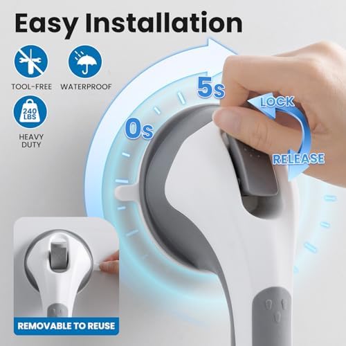 LEVERLOC Shower Grab Bar, 12 Inch Suction Grab Bars for Bathtubs, Shower Handle Handrail for Seniors Bathroom Safety Grip for Elderly, Heavy Duty No Drilling Removable,Grey
