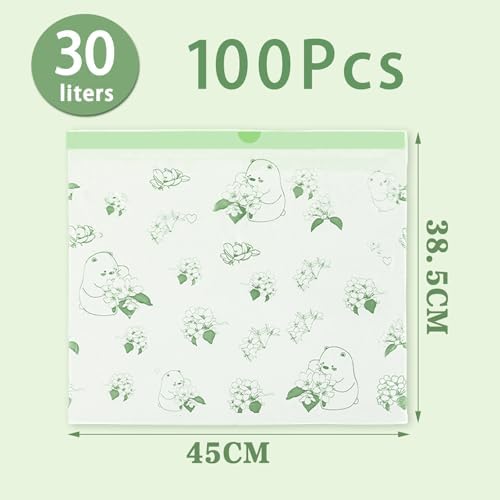 100 Count Drawstring Garbage Bags Per Roll, Extra-Strong Unscented Thicken Green Trash Bags with Teddy Bear Pattern, Disposable Leak Proof Easy-Dispense Roll for Kitchen Household Use