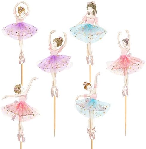 24PCS Ballerina Cupcake Topper Kit, Ballet Tutu Dancer with Slipper Picks for Little Girls Birthday, Baby Shower, Wedding Party Decorations（Colour）