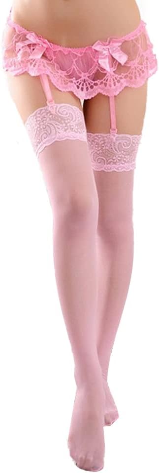Women Lace Garter Belt and Stockings Set Sexy Suspenders with G-String Panty Satin Bow Mini Skirt Hosiery Mesh Lingerie