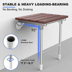 Folding Shower Seat Wall Mounted, Bathroom Bathtub Safety Stool Chair with Support Legs for Small Shower, Foldable Wall Wood Shower Bench for Seniors