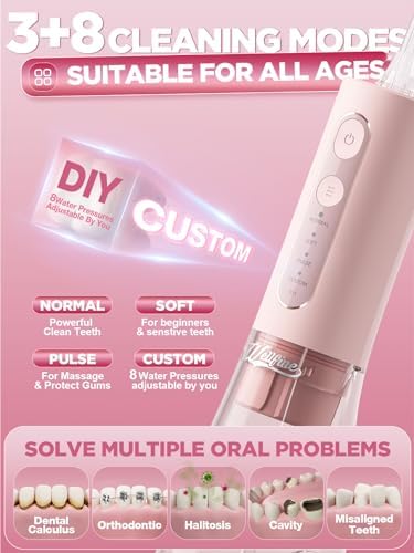 WELLFINE Water Dental Flosser Teeth Pick: Portable Cordless 4 Modes Flossers Pic 300ML Rechargeable Floss Pik Powerful IPX7 Waterproof Oral Irrigator for Cleaning Gum Care Braces for Home Travel