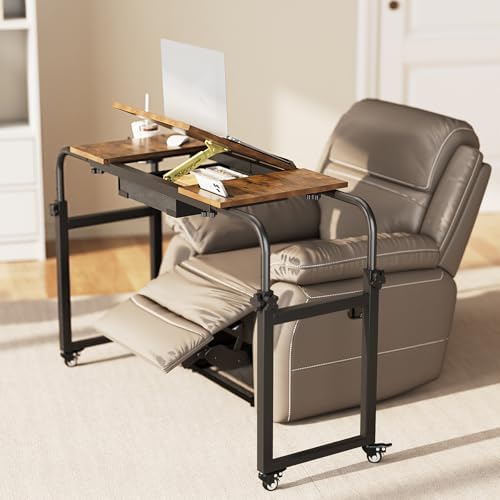 GiftGo Overbed Table with Wheels Rolling Laptop Desk Cart Table for Recliner Over Chair Adjustable for Hospital and Home Use Over The Bed Table with Storage Drawer and Cup Holder (Rustic Brown)