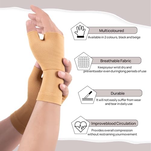 1 Pair Copper Compression Wrist Brace, Carpal Tunnel Wrist Brace Night Support, Wrist Compression Sleeve for Arthritis, Wrist Support for Women, Compression Wrist Sleeve for Join Pain(Beige,M)