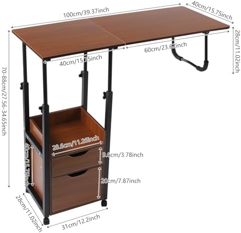 Rolling Overbed Table with Wheels,Height Adjustable Laptop Desk with Storage Drawers and Cabinet,Mobile Bed Desk Cart,for Home Bedroom