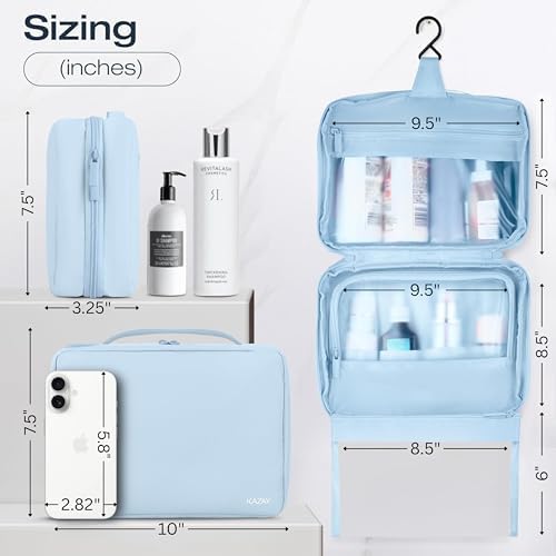 KAZAY Hanging Toiletry Bag with TSA Approved Detachable Pouch, Travel Toiletry Bag, Water Resistant, Premium Nylon, Travel Size Toiletries, Cosmetic Bag, Unisex (Light Blue)