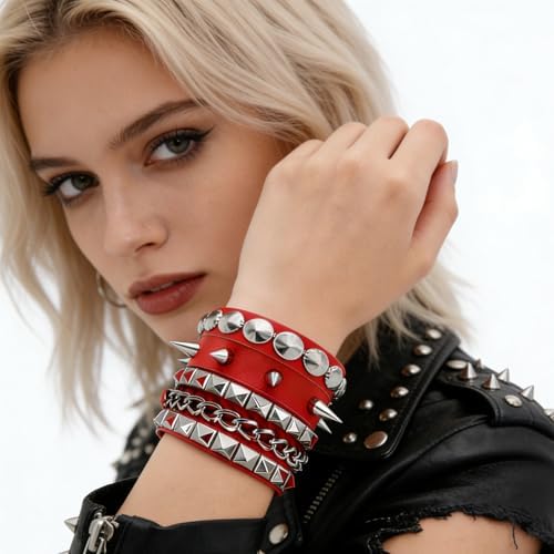 3PCS Leather Bracelets Set Studded Wrap Wrist Cuffs Punk Rock Y2K Emo Wide Wristband Accessories for Teens Women Men