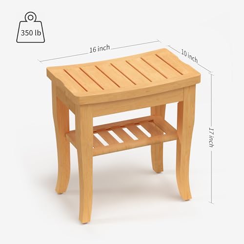Bamboo Shower Bench, Spa Small Shower Stool for Inside Shower Waterproof, Bathroom Bench Seat with Storage Shelf for Adults Elderly Seniors, Wood Chair for Indoor or Outdoor Use, Natural