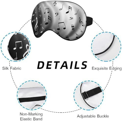Music Notes Sleep Eye Mask Black White Gray Shadow Silk Eye Mask Sleeping Soft Eye Shade Cover for Men Women Boy Girl Airplane Travel with Elastic Strap