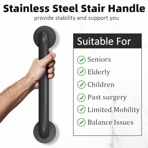 Metal Industrial Stairs Grab Wall Handrail Staircase Steps Indoor Exterior Outdoor Deck Hand Rail Safety Grab Bar (Matte Black) Handle for Stairs Bars Wall Elderly Grab Frame Pipe (12 Inch 1 Pack)
