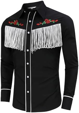 TURETRENDY Men's Western Cowboy Fringe Shirt Long Sleeve Rose Embroidered Slim Fit Button Down Shirt