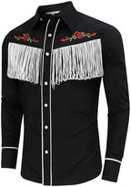 TURETRENDY Men's Western Cowboy Fringe Shirt Long Sleeve Rose Embroidered Slim Fit Button Down Shirt