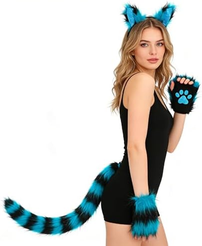 Cat Wolf Fox Tail Faux Fur Ear Headband Paw Gloves Set for Women Adult Halloween Xmas Fancy Party Cosplay Costume