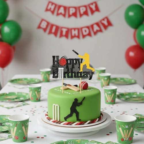 Cricket Happy Birthday Cake Topper Glitter Birthday Cake Decor for Sports Theme Boys Girls Adults Cricket Birthday Party Cake Decorations Supplies