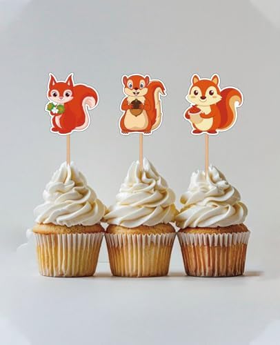 24Pcs Baby Shower Forest Animal Party Supplies Squirrel Theme Cupcake Toppers Woodland Animal Birthday Party Decorations Cartoon Squirrel Cake Topper Decorations for Woodland Theme