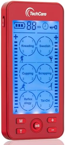 TechCare Plus 24 Modes Tens Unit Muscle Stimulator Massager Rechargeable Unit Electric Complete Set + Massage Belt + Reflexology Shoes Back Neck Pain (Red)