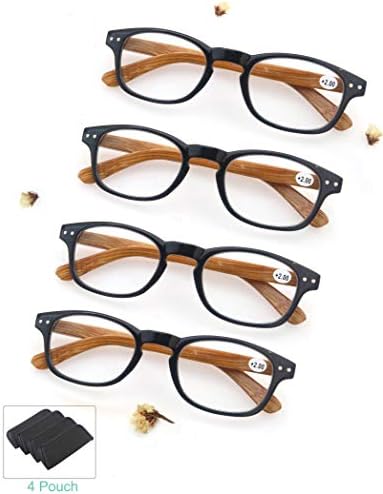 MODFANS 4 Pack Reading Glasses 1.5 Fashion Wood-Look Spring Hinges Stylish Readers Men Women Black