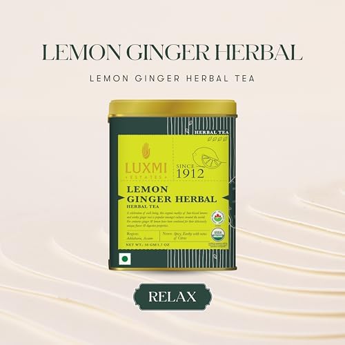 Luxmi Estates Lemon Ginger Tea, Organic Loose Leaf, 50g (1.76oz, 25 Cups), USDA Organic Herbal Infusion with Lemon Peel, Ginger Root, Lemongrass & Cinnamon - Caffeine-Free, Naturally Sweet, Resealable Tin