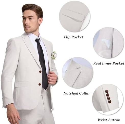 Beige Men's Linen Suit 2 Piece Slim Fit Summer Beach Wedding Dress Prom Party Suit Blazer Jacket and Pants