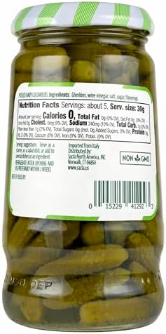 SACLA Pickled Baby Cucumbers | Italian Gherkin Pickles in Vinegar Brine | 10.59 oz Glass Jar | Crunchy & Tangy Antipasto | Non-GMO Vegan | Imported from Italy