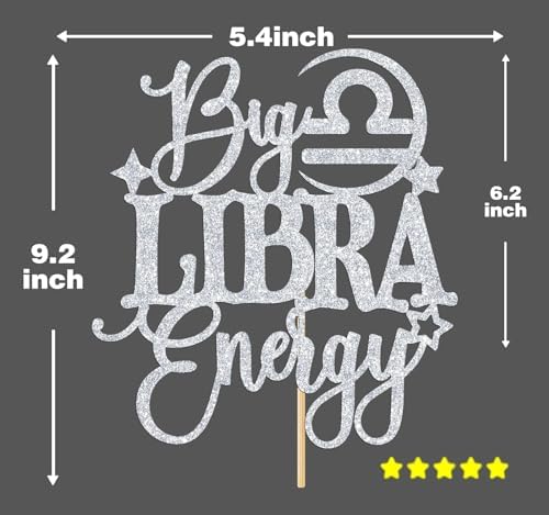 Big Libra Energy Cake Topper, Happy Birthday Libra in September/October, Libra Season, 12 Zodiac Constellation Theme Birthday Party Decoration Supplies, Silver Glitter
