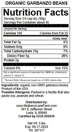 Garbanzo Beans, 5 Pounds (Chick Peas), USDA Certified Organic, Dried, Non-GMO, Great for hummus, Bulk, Product of USA, Mulberry Lane Farms