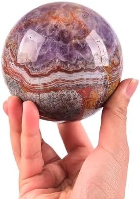 JIC Gem Large Healing Crystal Sphere Ball with Wooden Stand Amethyst Agate Crystal Decorative Ball Meditation Feng Shui Decor 90-100mm
