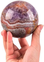 JIC Gem Large Healing Crystal Sphere Ball with Wooden Stand Amethyst Agate Crystal Decorative Ball Meditation Feng Shui Decor 90-100mm