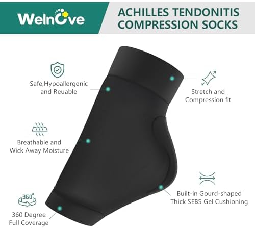 Welnove Achilles Tendonitis Heel Protector Socks - (FSA & HSA) Achilles Tendon Support Compression Socks - Gel Padded Sleeve for Cushion & Protection of Bursitis, Tenderness, Dry Cracked, Regular