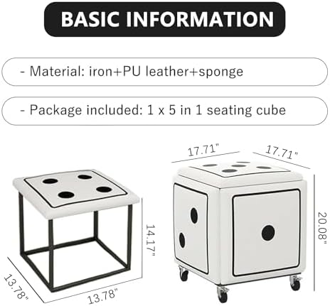 5 in 1 Nesting Ottoman Cube Stool with Swivel Casters Stackable Sofa Chair Stools PU Leather Seating Cube Dice Ottoman Stool Movable Footstool Dressing Chair for Living Room Bedroom Large