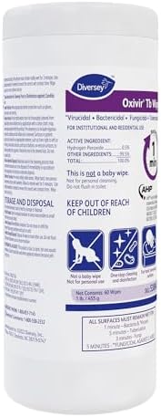 Oxivir Diversey Tb 5388471 Ready-to-Use Disinfectant Cleaning Wipes, Accelerated Hydrogen Peroxide, Large 7x8-Inch Sheets, 60-Wipes, 1-Slim Canister