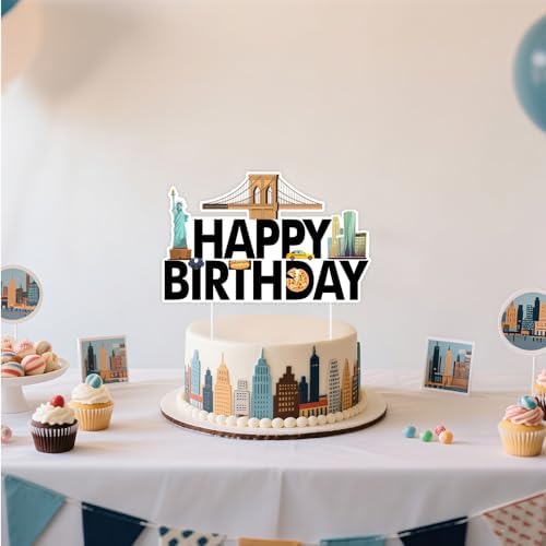 New York Cityscape Theme Happy Birthday Cake Topper, Skyscraper Cake Decoration, American Landmarks Theme Cake Picks for Birthday Party Supplies