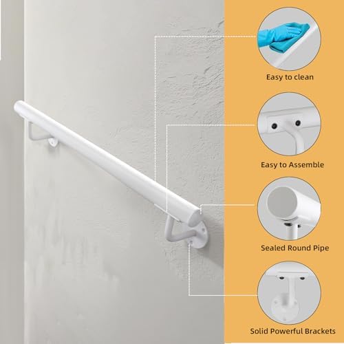 2 FT Heavy Duty White Metal Stairs Railing Indoor, Wall Mount Pipe Stair Handrail - Hand Rails for Indoor & Outdoor Steps, Banister Deck Porch Patio Railing, Wall Grab Bars for Seniors