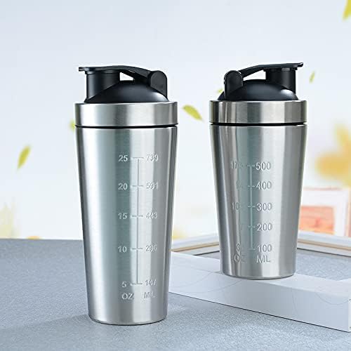 25-Ounce Stainless Steel Protein Shaker with Mixing Ball Wire Whisk, 25oz Mixing Bottle with Stainless Steel Mixer Ball Wire Whisk and Filter, Protein Shaker Shake Blender Ball