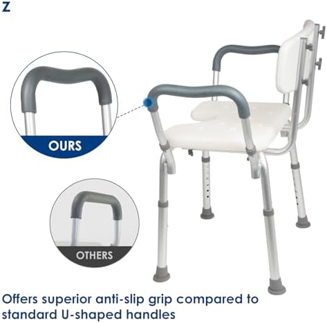 Extra Wide Shower Chair,M-Shaped & Padded Armrests Shower Chair Bath Seat,Shower Chair with Arms and Back Heavy Duty 500lbs,Bariatric Shower Chair with Cutout Seat &Cold-Proof Pads,Tools-Free