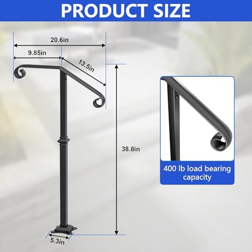 SPACEEUP handrails for Outdoor Steps Single Post handrail Black Step Handrail Stair Railing Fit for 1-2 Steps Wrought Iron Handrail Grab Rail Single Post Railing Kit with Base Plate 38.8"X20.5"
